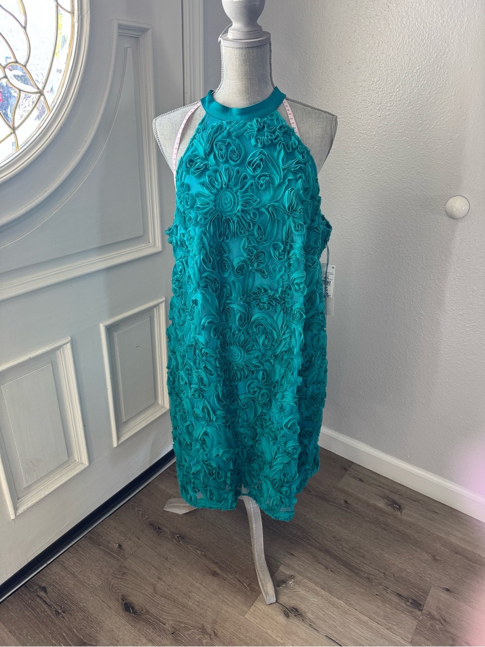 Adrianna Papell Teal Floral Appliqué Halter Mini Dress